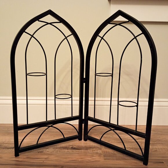 Cathedral Window Votive Candle Holders Gothic Black Wrought Iron Pair Arched Vtg - Picture 14 of 16